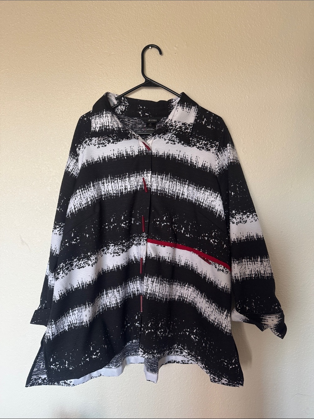 Ali Miles Black and White Striped Button-Up Jacket with Red Detail